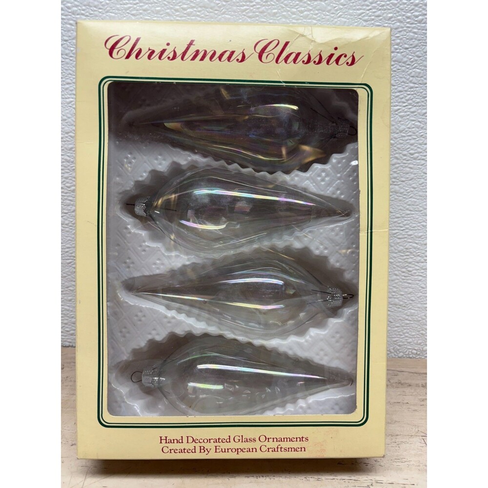 Vtg Set Of 4 Christmas Class Hand Decorated Glass Christmas Tree Ornaments
